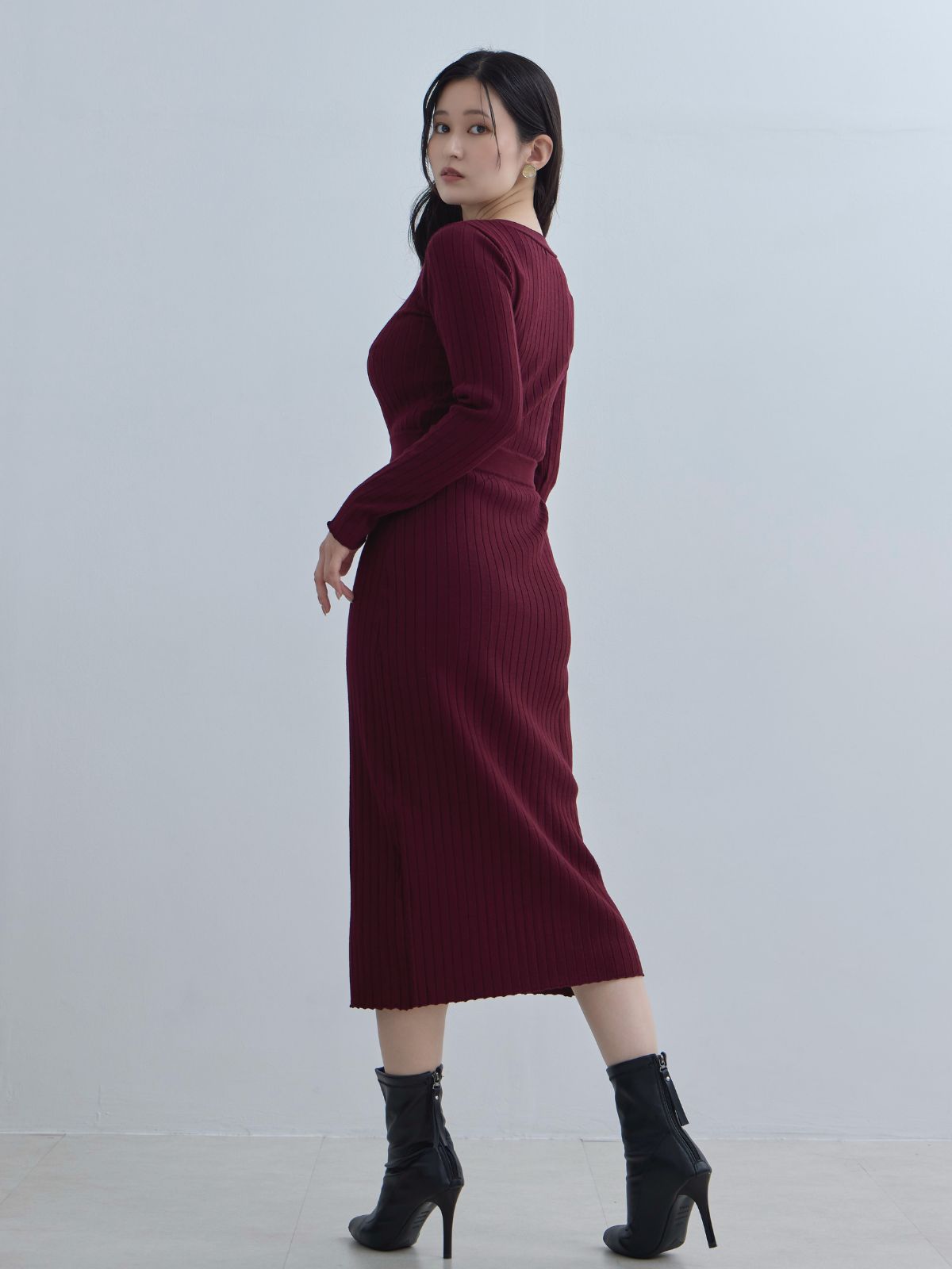 [11/20 22:00発売]タイト風ワイドリブニットワンピース：バーガンディー[102サイズ対応]