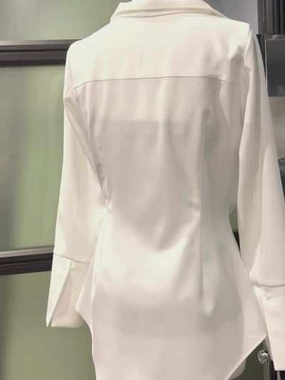 ウエストマークチュニックシャツ：ホワイトストライプ│胸が大きな女性 