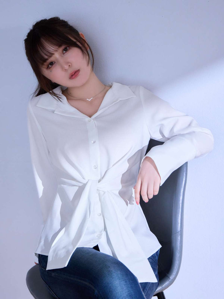 ウエストマークチュニックシャツ：ホワイトストライプ│胸が大きな女性 
