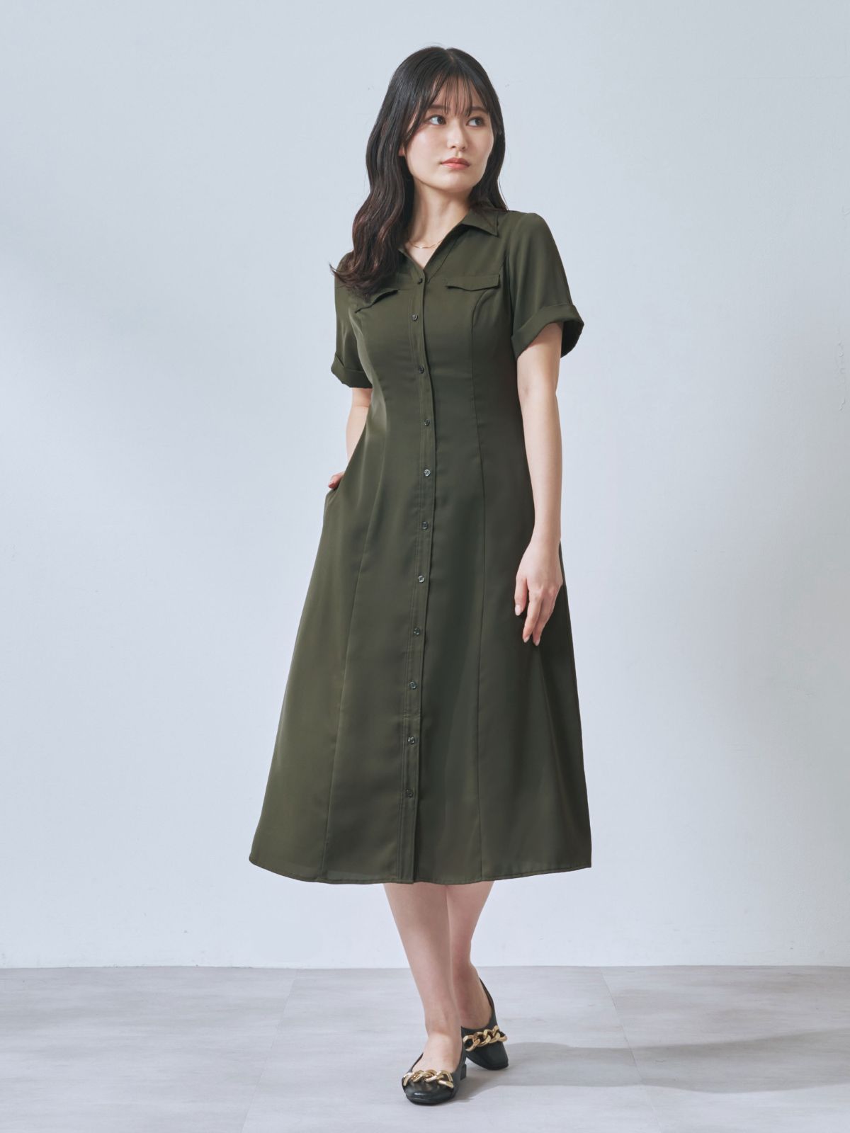 Aラインシャツワンピース  25AW：カーキ[102サイズ対応]