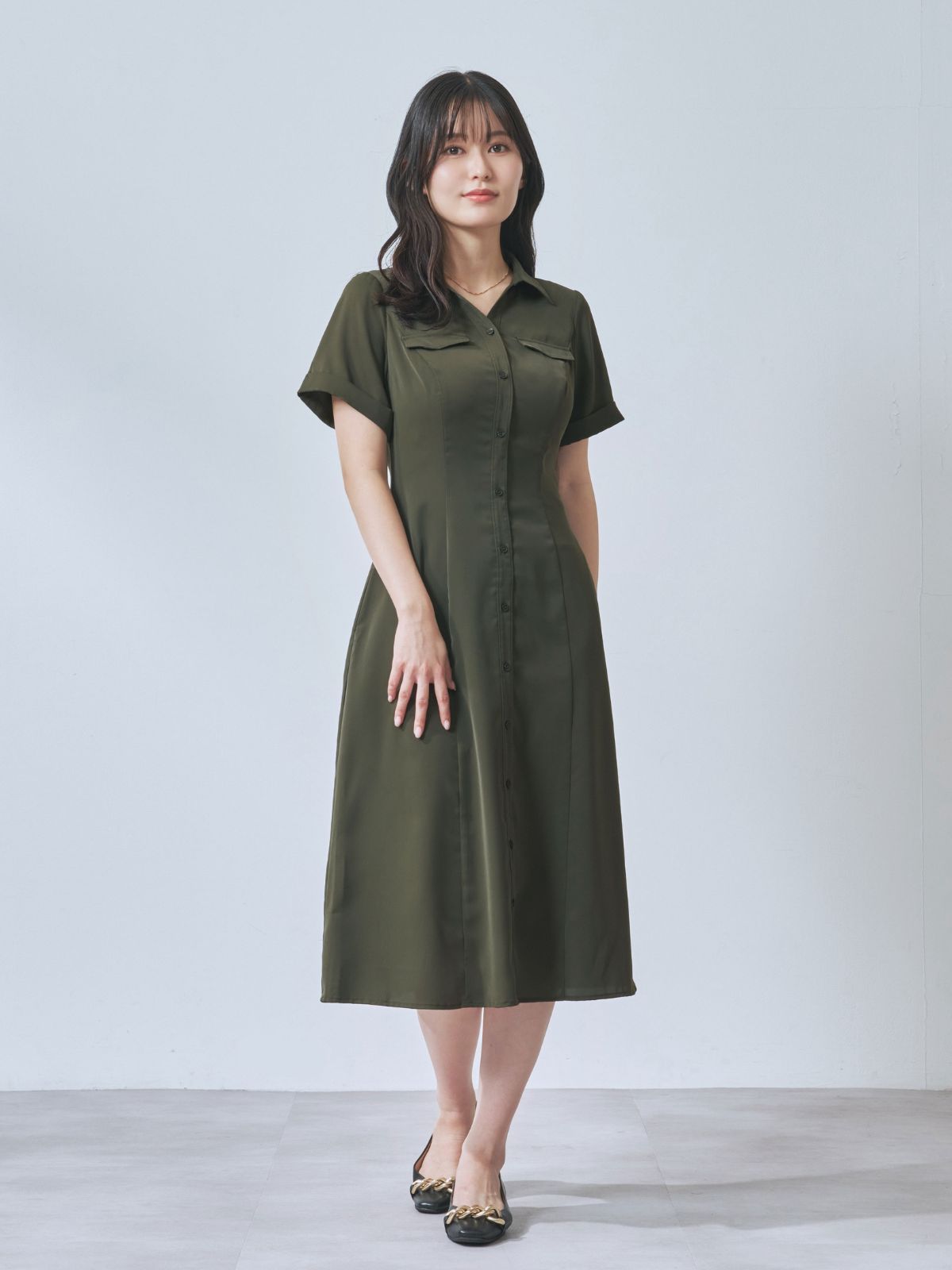 Aラインシャツワンピース  25AW：カーキ[102サイズ対応]