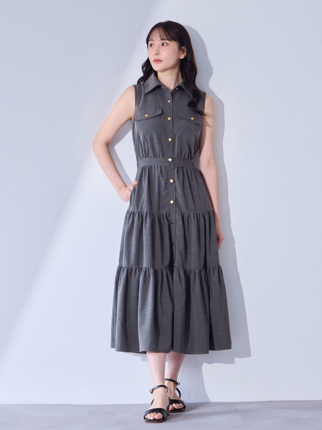 overE ティアードシャツワンピース インディゴ 96 L ティアードシャツワンピース：インディゴ│胸が大きな女性のため