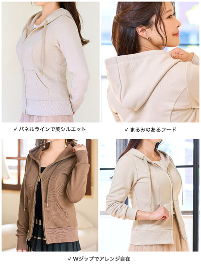 ［11/3 22:00 発売］Ｗジップ裏パイルパーカー：ブラウン - overE/オーバーイー |胸が大きな女性のためのアパレルブランド