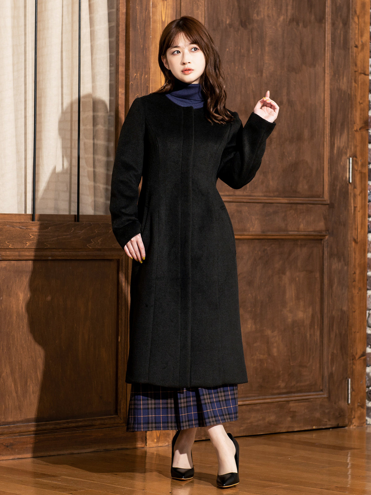 ［11/24 22:00 発売］理想のノーカラーコート：ブラック - overE/オーバーイー |胸が大きな女性のためのアパレルブランド