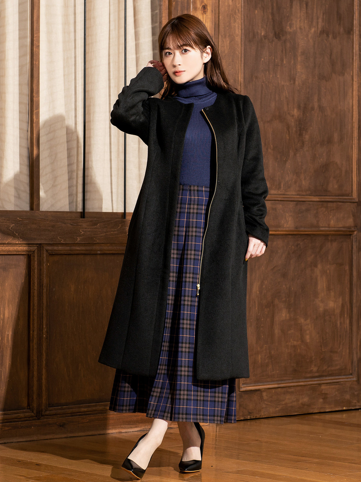 ［11/24 22:00 発売］理想のノーカラーコート：ブラック - overE/オーバーイー |胸が大きな女性のためのアパレルブランド