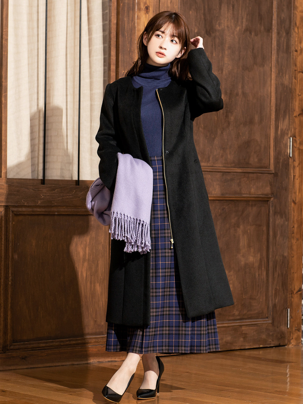 ［11/24 22:00 発売］理想のノーカラーコート：ブラック - overE/オーバーイー |胸が大きな女性のためのアパレルブランド