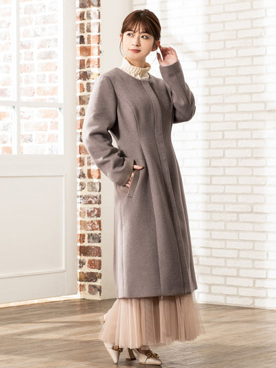 ［11/24 22:00 発売］理想のノーカラーコート：モカ - overE/オーバーイー |胸が大きな女性のためのアパレルブランド