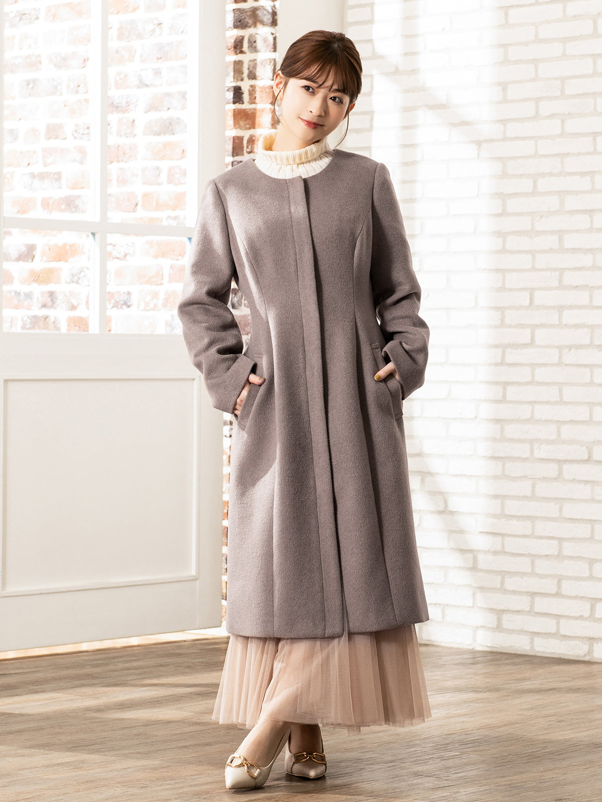 ［11/24 22:00 発売］理想のノーカラーコート：モカ - overE/オーバーイー |胸が大きな女性のためのアパレルブランド