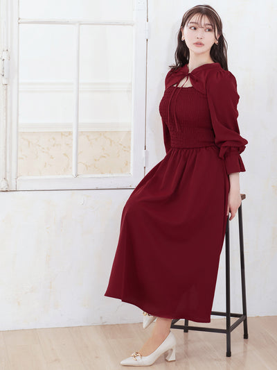[9/18 22:00～40%OFF]前後で着られるシャーリングワンピース：ラズベリー[一部入荷次第発送]【OUTLET】