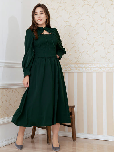 [9/18 22:00～40%OFF]前後で着られるシャーリングワンピース：ダークグリーン[一部入荷次第発送]【OUTLET】