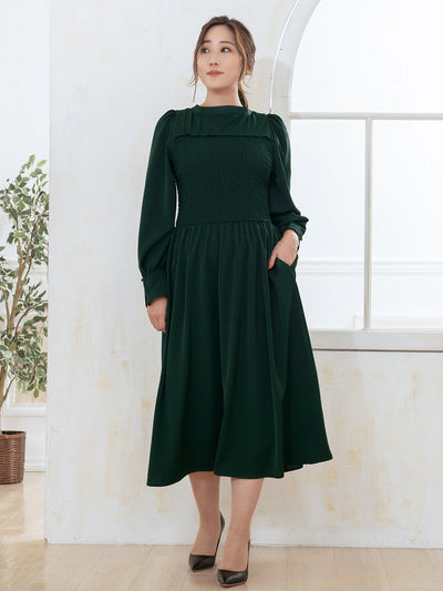 [9/18 22:00～40%OFF]前後で着られるシャーリングワンピース：ダークグリーン[一部入荷次第発送]【OUTLET】