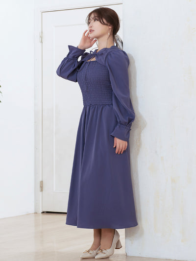 [9/18 22:00～40%OFF]前後で着られるシャーリングワンピース：ウィスタリアブルー[一部入荷次第発送]【OUTLET】