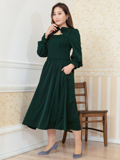 [9/18 22:00～40%OFF]前後で着られるシャーリングワンピース：ダークグリーン[一部入荷次第発送]【OUTLET】